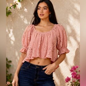 $98 Free People Stacey Lace Crop Top Blush Pink Boho Romantic Puff Sleeve NWT